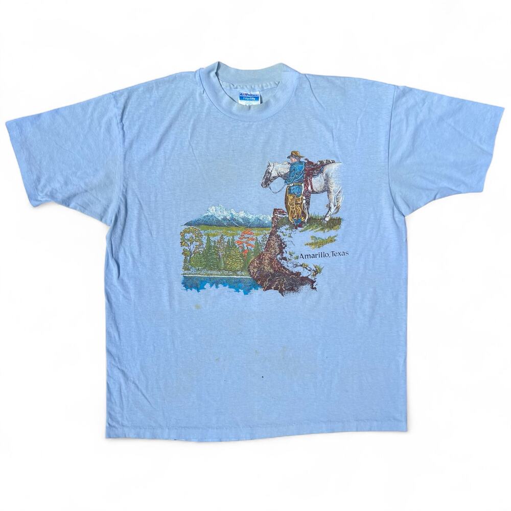Vintage Cowboy Horse Amarillo Texas Grunge Obscure Country T Shirt Blue Hanes XL